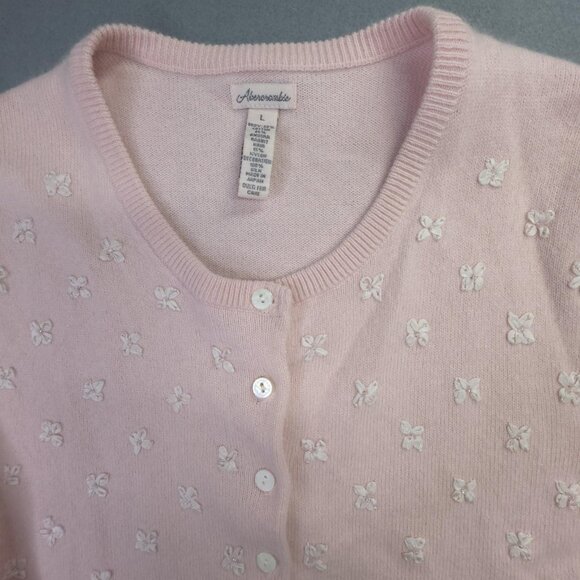 Abercrombie Cardigan Sweater Women L Actual Small Pink Angora Bow Beaded Japan - Picture 2 of 11